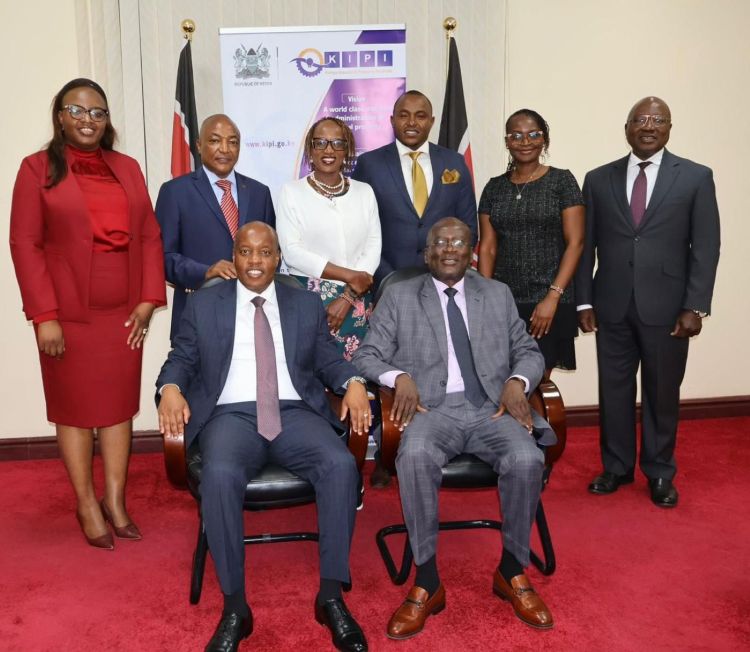 Photo Caption: Allan Kosgey (Seated Left), the KIPI Board Chairman, Board Members (Standing Left to Right), Aileen Aluso Ingati, Richard Muteti, Victoria Kaigai, Lawrence Njenga, Evelyn Mbaabu and Prof Elijah Omwenga. In the picture also is Managing Director, John Onyango (Seated Right). 