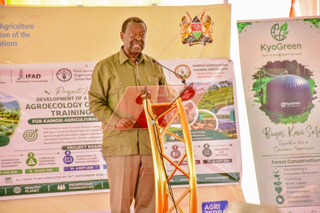 Photo: Hon. Musalia Mudavadi, the Chief Guest, giving his keynote address during the Kaimosi Agricultural Expo 2026 in KARTC, Nandi County