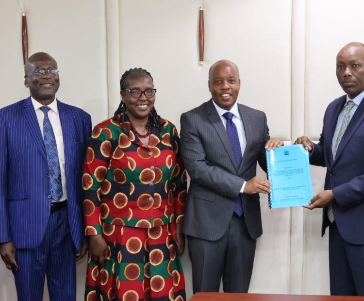 Caption: KIPI Board Chairman, Allan Kosgey (3rd Right) receives a copy of the signed Performance Contract from CS Lee Kinyanjui during the ceremony. Others in the picture are PS Regina Ombam (Centre), Prof. Erastus Gatebe (2nd Left),  Industrialization Secretary, Juliana Yako (Right), PAS, Prime CS' Office, John Onyango 3rd Left, MD, and Stephen Ngeno (Left), DMD-Technical Services.