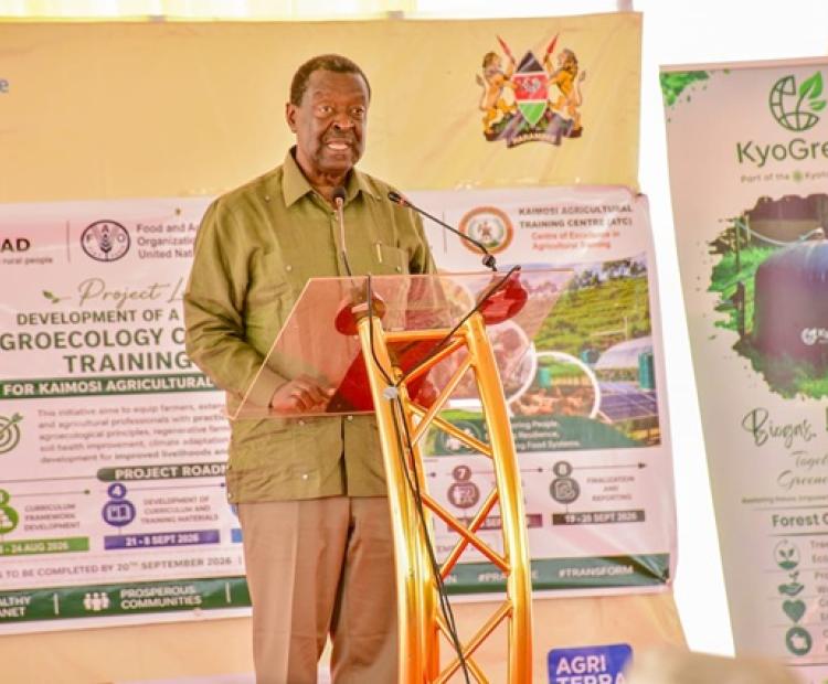 Photo: Hon. Musalia Mudavadi, the Chief Guest, giving his keynote address during the Kaimosi Agricultural Expo 2026 in KARTC, Nandi County